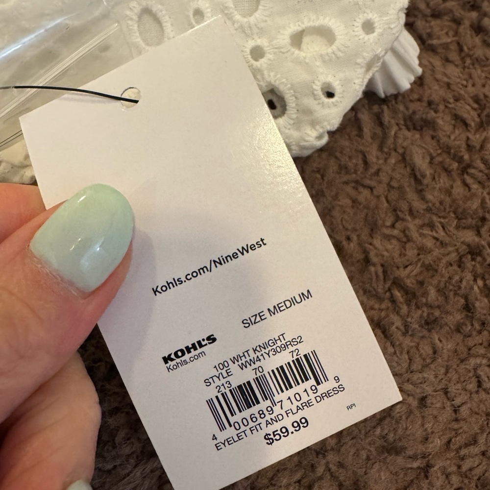 Nine West White Belted Puff Sleeve Eyelet Dress Fit Flare Cottagecore M NEW - Picture 6 of 9